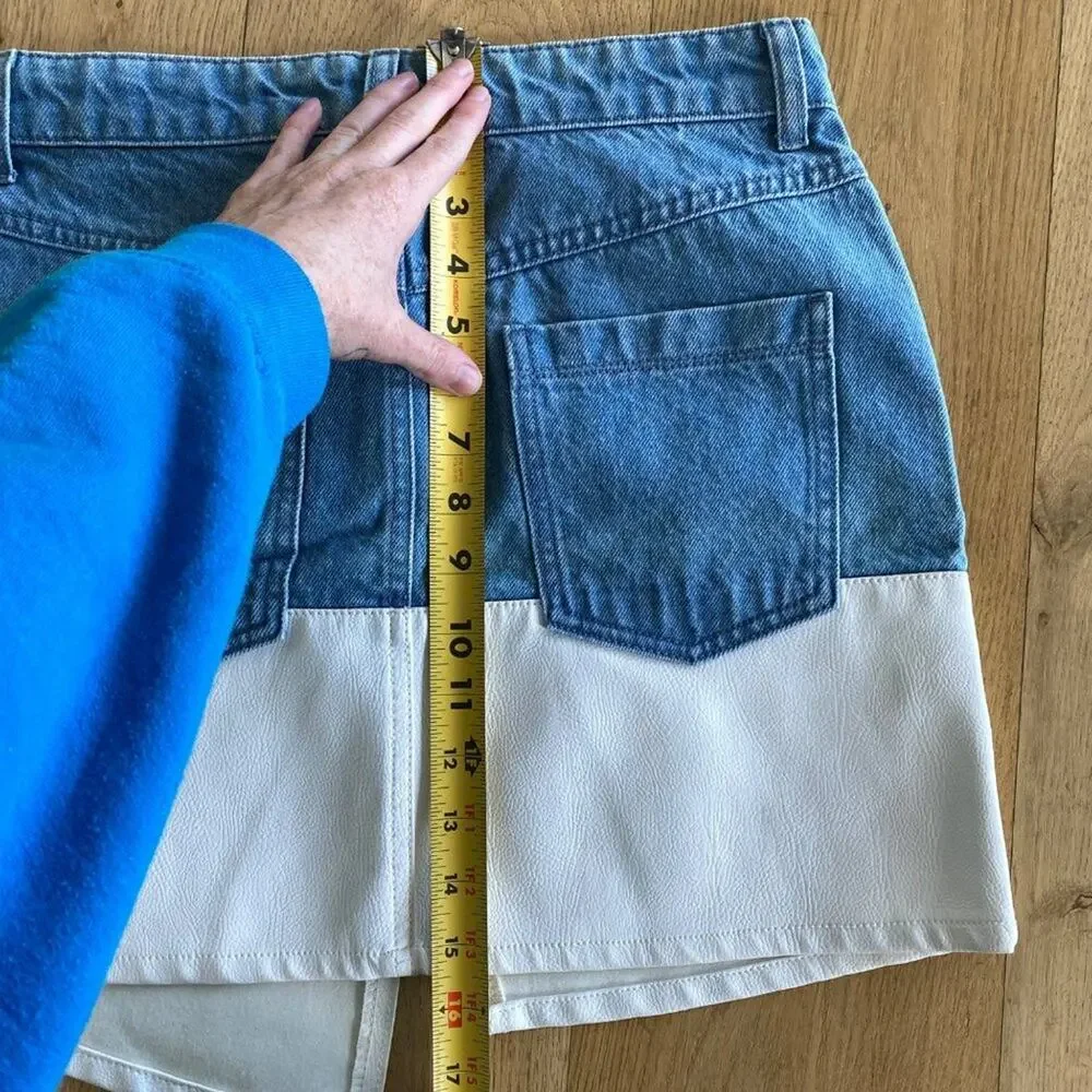 Denim and Leather Skirt in Blue and White